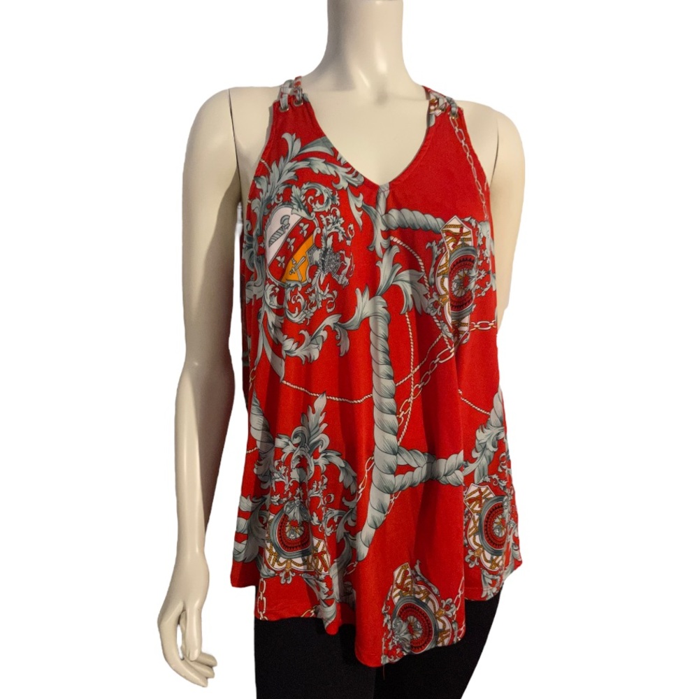 Size L | Lavish | Red Print V-Neck Double Strap Sleeveless Top